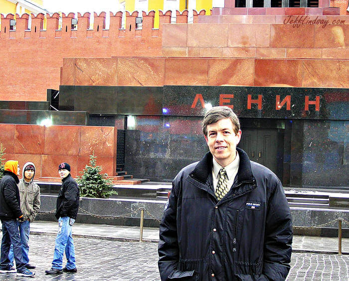 Jeff in front of Lenin's Tomb at Red Square, Moscow, Dec. 2007, while visiting the International Science and Technology Center and attending a biotech conference.