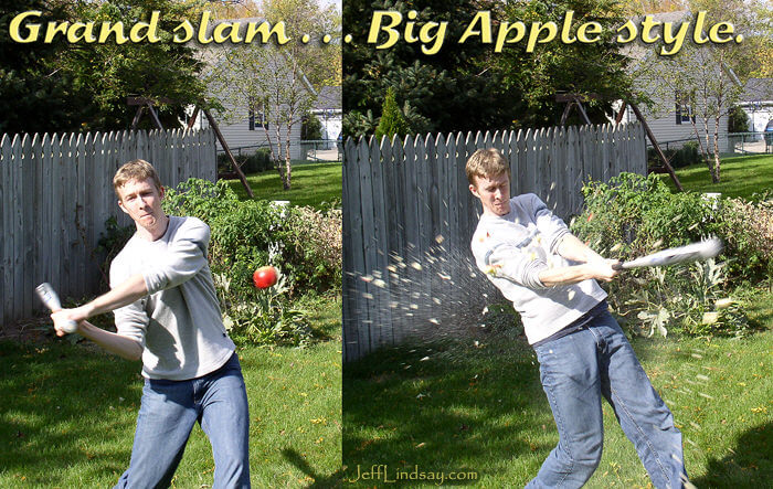Stephen swings at and connects with an apple from one of our Macintosh apple trees, October 2007.