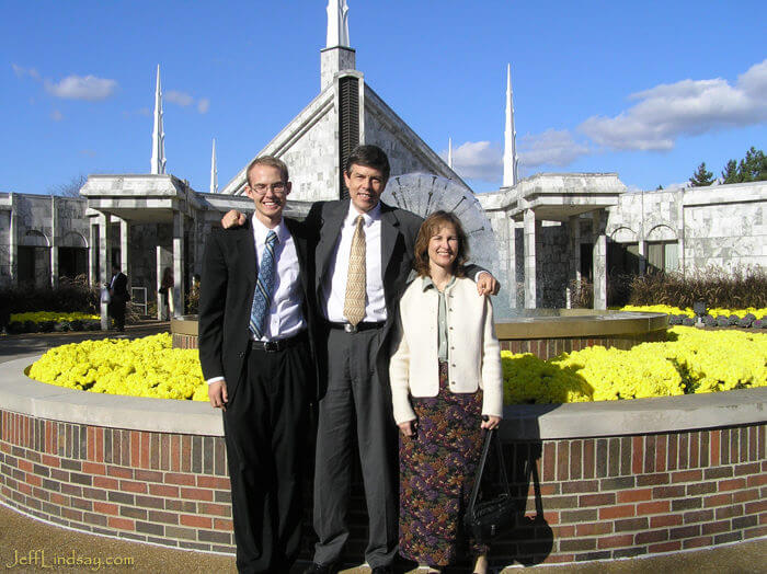 Daniel Lindsay, returned from his two-year LDS Mission in Nevada in October 2007. A few days later Jeff, Kendra, and Daniel were able to go to the LDS Temple in Chicago, shown here. Wonderful day!.
