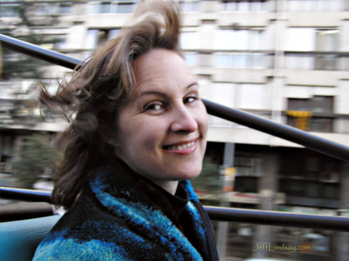 Kendra while on the top of a tourist bus riding through the streets of Barcelona, March 24, 2008.