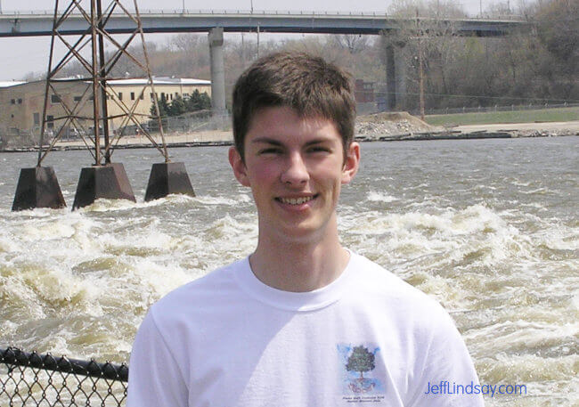 Ben in front of the Fox River in the middle of Appleton in the Oneida Flats area, May 1, 2008.