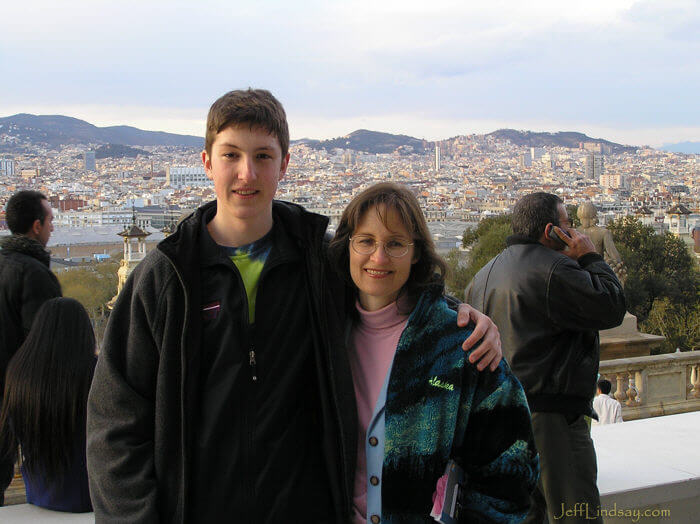 Mark and his mother, Kendra, from an overlook in Barcelona. 