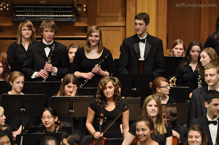 Mark Lindsay and other soloists standing after a performance of the Fox Valley Youth Symphony at their Spring Concert, March 21, 2010, Lawrence Chapel at Lawrence University.