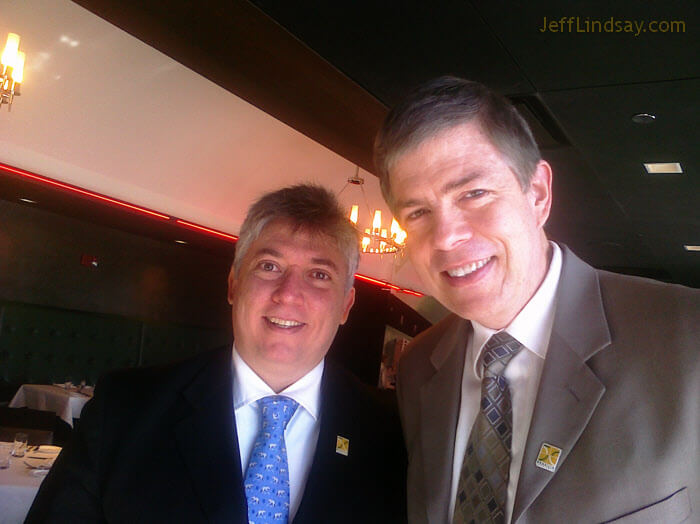 Jeff and Adriano Amaral, Secretary of State, Dept. of Economic Development, Brasilia, Brazil, during a breakfast meeting in Chicago, Feb. 2010, where Jeff and Kendra learned about the amazing work of Adriano and others in Brasilia to make government smaller and allow the private sector to fluorish. Some details are shared on the Innovationfatigue.com blog.