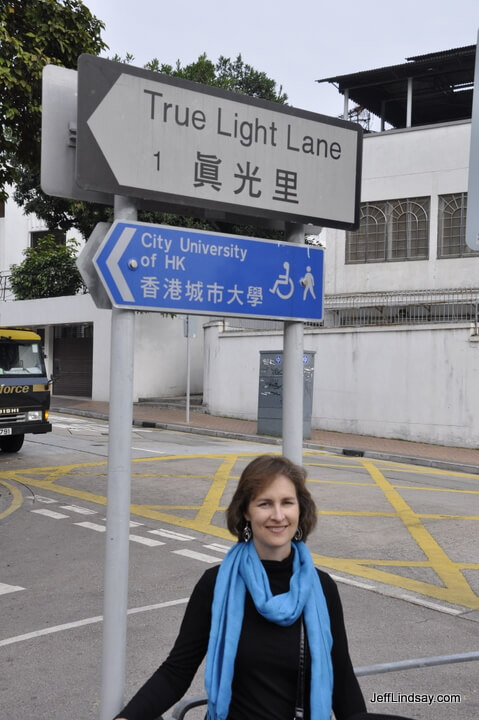 I found true light--and true love--in Hong King. Photo of Kendra near the LDS Temple, coincidentally near True Light Lane.