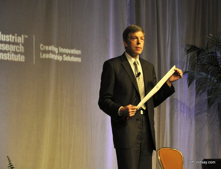 Jeff discusses innovation in China, illustrating a point with a magic trick, at the Industrial Research Institute's Annual Meeting in Indian Wells California, May 9, 2012.