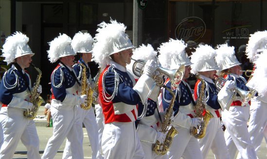 My son was part of the Patriot Band. He's at the front of this shot. Believe me, wearing those feathers on his head was not his choice.