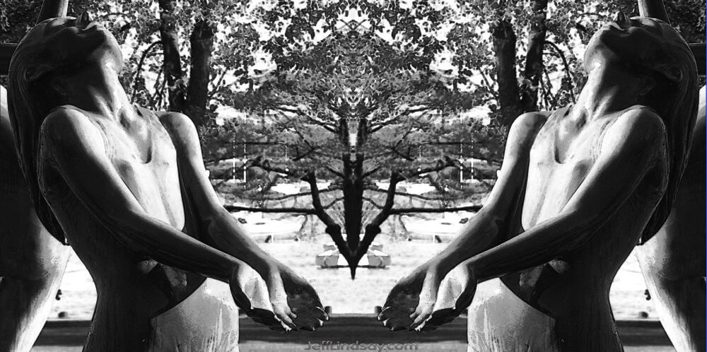 A mirror image of a girl in the sculpture, with some processing.