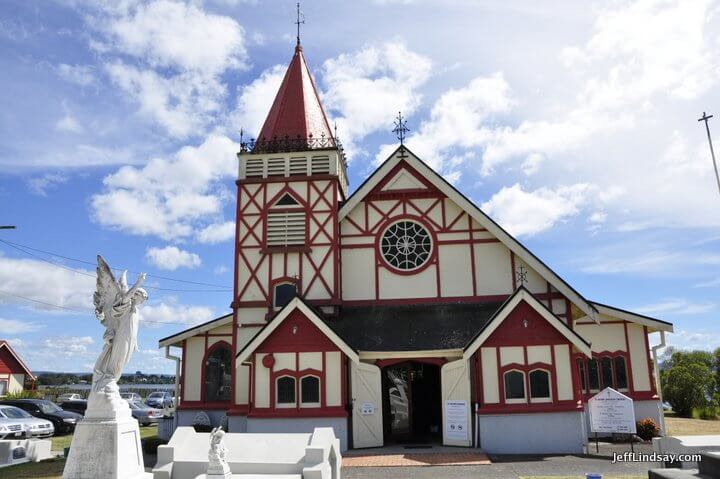  A church at the tiny but free Maori village in Rotorua on the shore of the lake.