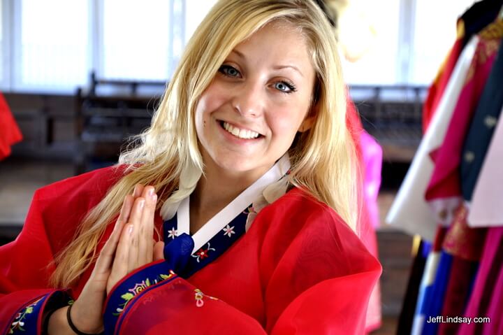 Friend of ours joining us for a while in Seoul, Korea, trying on a traditional Korean gown.