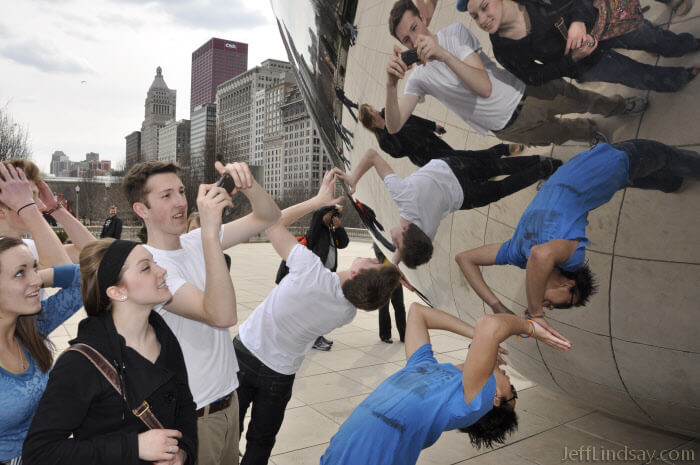 My son and some friends enjoying the silvery Bean at Millennium Park on Chicago, March 2010.