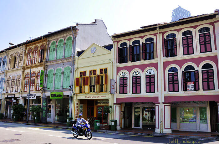 Colorful street scene in Singapore near Chinatown.