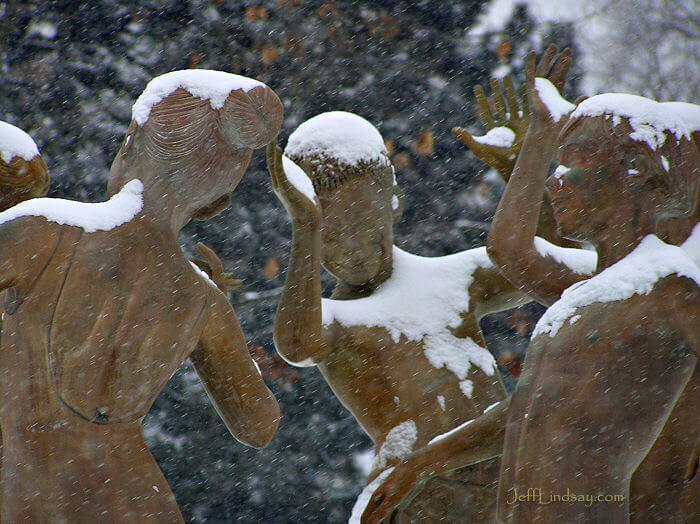 Another view of snow on the Ring Dance sculpture, Feb. 14, 2008.